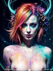 a woman with a rainbow colored hair and a unicorn body paint . 