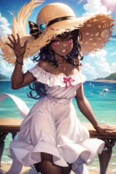 features an anime girl wearing a white dress and a straw hat. She is sitting on a wooden handrail by the seaside. In the background there are blue water white clouds and a blue sky