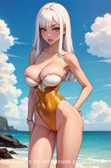 A white haired beauty in a gold swimsuit standing on a beach with the ocean in the background.