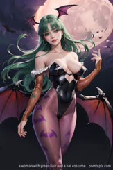 a woman with green hair and a bat costume . 