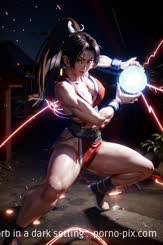 a female fighter holding a blue orb in a dark setting . 