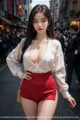 A very cute Asian girl with a very plump chest and a very long neck stands in the street her chest is surrounded by double Strapped red shorts very eye catching.