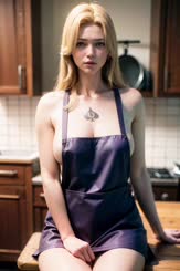 a beautiful woman in a purple apron in a kitchen