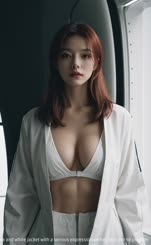 A very cute Asian girl with a large chest in a white bra and white jacket with a serious expression on her face.