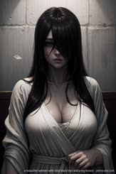 a beautiful woman with long black hair and a big breast . 