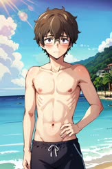 a man with glasses is standing on the beach 