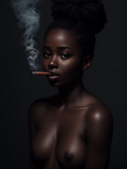 a woman smoking a cigarette while wearing a black bra