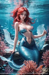 A red haired mermaid sits on a rock in the sea surrounded by coral.