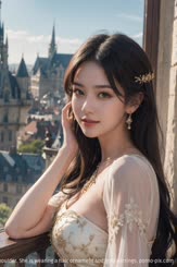 is of a oriental female model wearing a white dress with gold decorations. She is looking to the side with her hand on her shoulder. She is wearing a hair ornament and gold earrings.