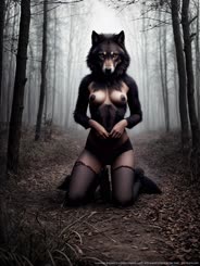 a woman dressed in a black lingerie outfit with a wolf 's head on her body . 