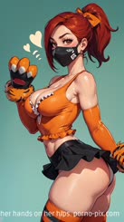 a drawing of a red haired woman wearing a mask gloves and an orange shirt with her hands on her hips.