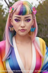a woman with a rainbow colored hair with butterfly decorations . 