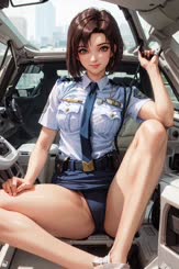 a woman in a uniform sitting in a car