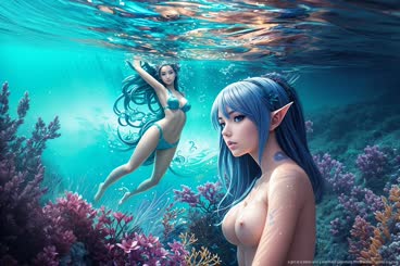 a girl in a bikini and a mermaid swimming in the ocean . 