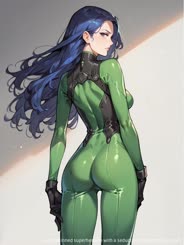 Green-skinned superheroine with a seductive: pose