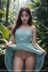 a beautiful young Asian woman with very large breasts in a green低胸裙 showing off her breast and bottom.