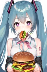 a woman in a dress holding a hamburger 