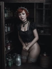a red headed woman is posing in a room 