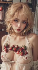 a girl with some strawberries on her dress 