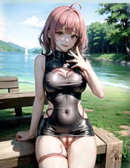 anime   style image of a woman in a latex outfit sitting on a bench