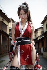 a beautiful asian woman in a red and white kimono . 