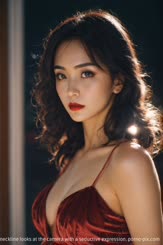 A hot girl in a red dress with a deep V neckline looks at the camera with a seductive expression.