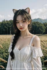 a cute Chinese girl with cat ears and a long braid dressed in a white dress.
