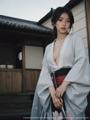 a beautiful woman in a kimono standing in front of a house . 