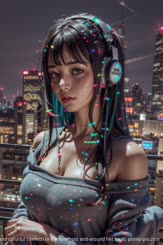 A digital image of a woman with headphones on a rooftop with a cityscape behind her and colorful confetti in the forefront and around her head.