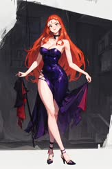 a woman with red hair and a purple dress