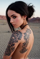 a woman with tattoos on her arms and back 