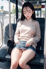 a woman sitting on a bus in a short skirt