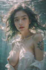 a beautiful woman with flowing green hair underwater. She is wearing a white shirt that has been torn open to reveal her