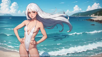 A white haired beauty in a swimsuit stands on the beach in a picture from the anime series Kaze no Stigma.