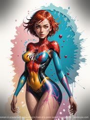 a woman in a body suit is standing in front of a paint splash background . 