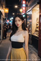 a beautiful young lady wearing a white tank top and a yellow skirt . 