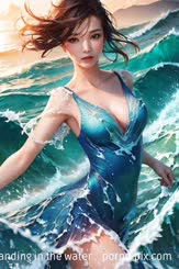 a woman in a blue dress is standing in the water . 
