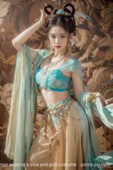a beautiful woman wearing a blue and gold costume . 