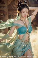 a beautiful young woman in a blue and gold costume . 