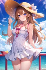 a girl in a dress and a hat waves . 