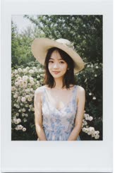 is an instant photo of a woman with a straw hat and blue floral dress standing in front of a rose bush.
