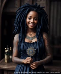 a woman with dreads and tattoos standing in a room . 