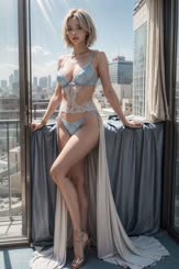 a woman in a blue lingerie is standing by a window