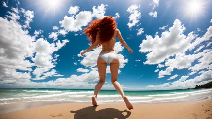 a woman in a bikini running on the beach 