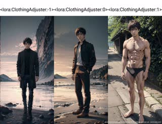 three men are posing on the beach for a clothing adjuster ad . 