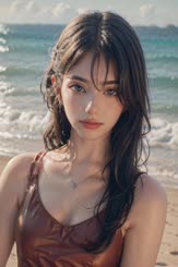 a beautiful young lady with long black hair standing on a beach