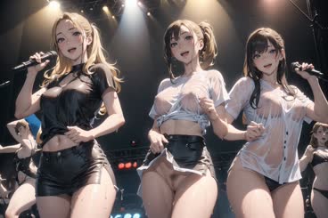 a group of three girls in leather outfits and one is wearing a bra