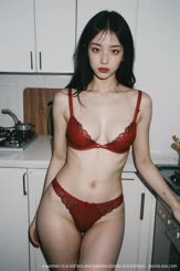 a woman in a red bra and panties stands in a kitchen . 