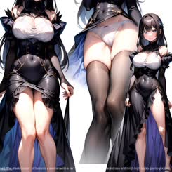 is a promotional image for a waifu body pillow named %The Black Queen%. It features a woman with a very large bust wearing a black dress and thigh high socks.