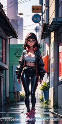 A woman with black hair and glasses wearing a black leather jacket and black leather pants stands in the middle of a Japanese street.